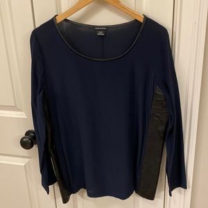 Navy silk leather blouse top Club Monaco large blue edgy